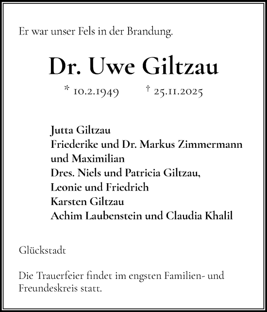 Traueranzeige von Uwe Giltzau von Norddeutsche Rundschau, Wilstersche Zeitung, Glückstädter Fortuna