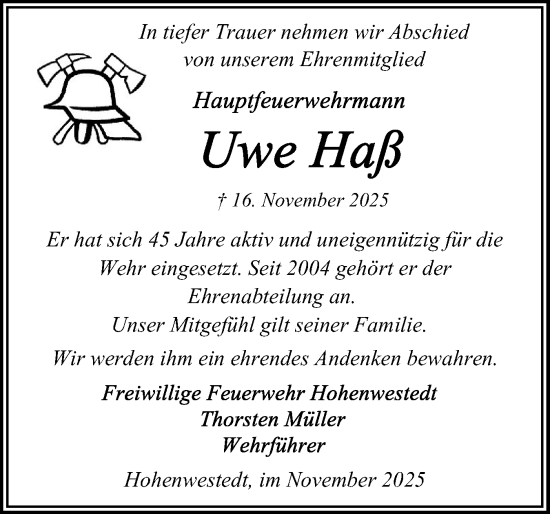 Traueranzeige von Uwe Haß von Schleswig-Holsteinische Landeszeitung