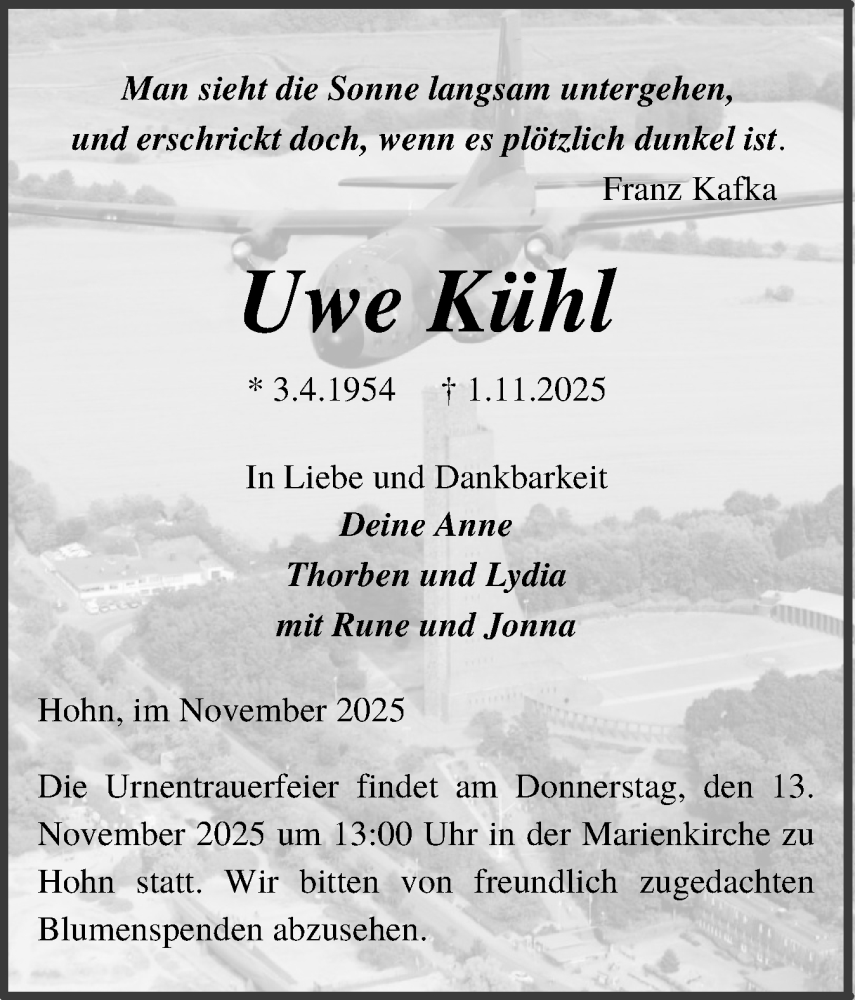  Traueranzeige für Uwe Kühl vom 08.11.2025 aus Schleswig-Holsteinische Landeszeitung