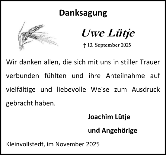 Traueranzeige von Uwe Lütje von Schleswig-Holsteinische Landeszeitung