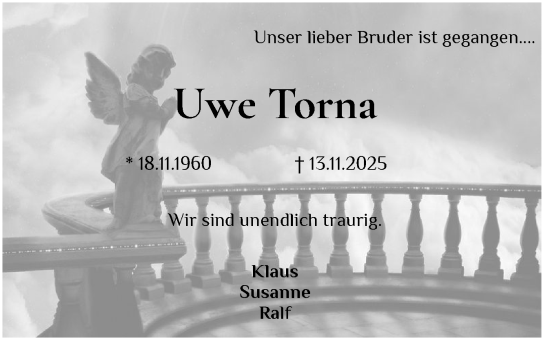 Traueranzeige von Uwe Torna von Husumer Nachrichten, Nordfriesland Tageblatt