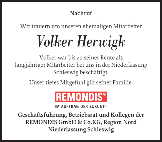 Traueranzeige von Volker Herwigk von Schleswiger Nachrichten, Schlei-Bote