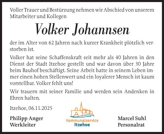 Traueranzeige von Volker Johannsen von Norddeutsche Rundschau, Wilstersche Zeitung, Glückstädter Fortuna