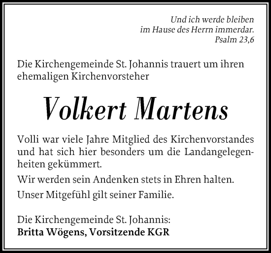 Traueranzeige von Volkert Martens von Der Insel-Bote