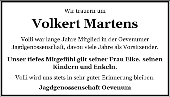 Traueranzeige von Volkert Martens von Der Insel-Bote