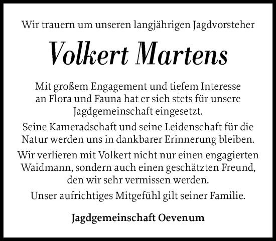 Traueranzeige von Volkert Martens von Der Insel-Bote