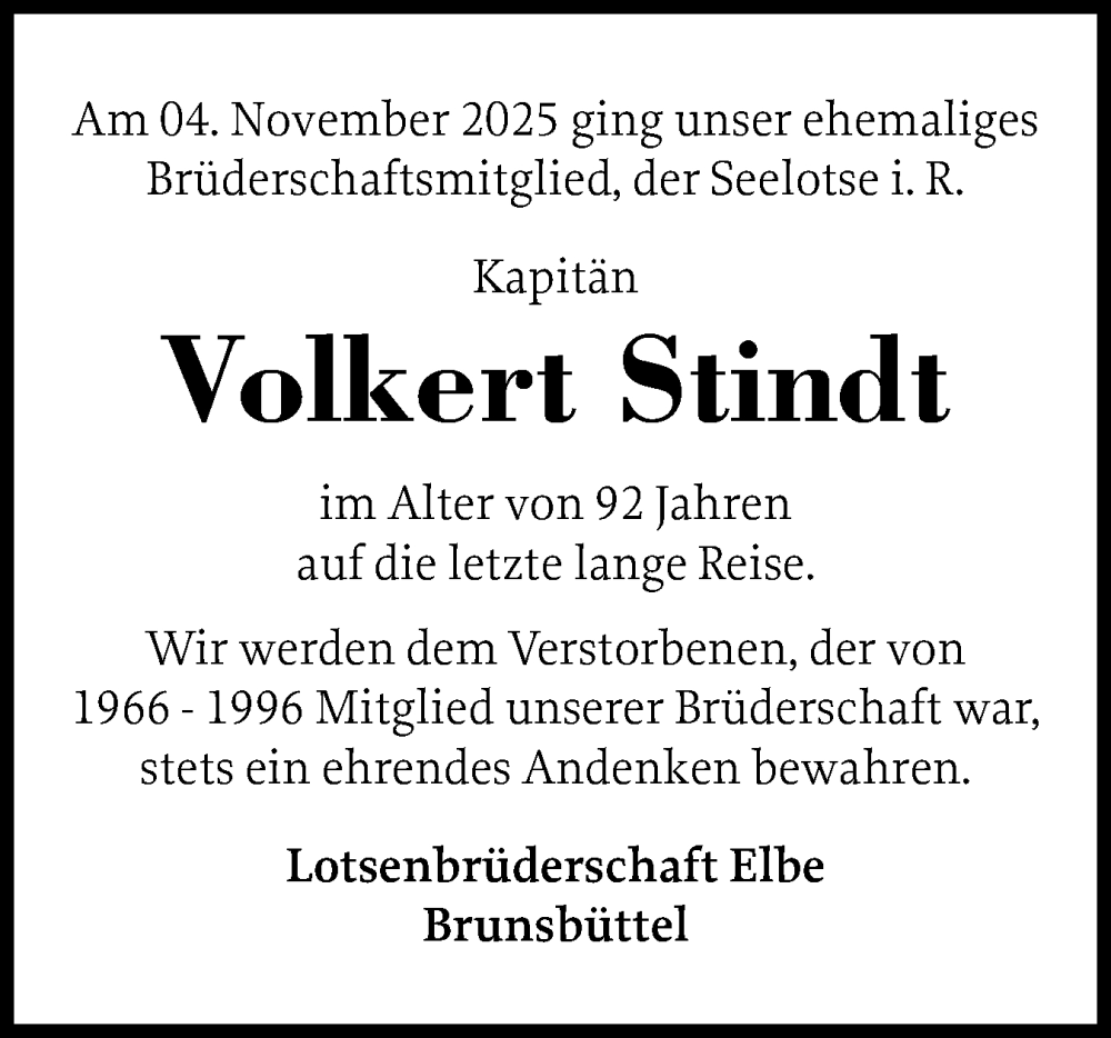  Traueranzeige für Volkert Stindt vom 10.11.2025 aus Norddeutsche Rundschau, Wilstersche Zeitung, Glückstädter Fortuna