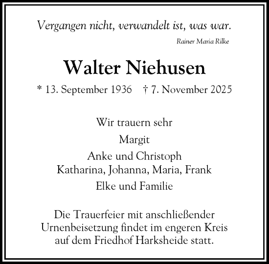 Traueranzeige von Walter Niehusen von Heimatspiegel