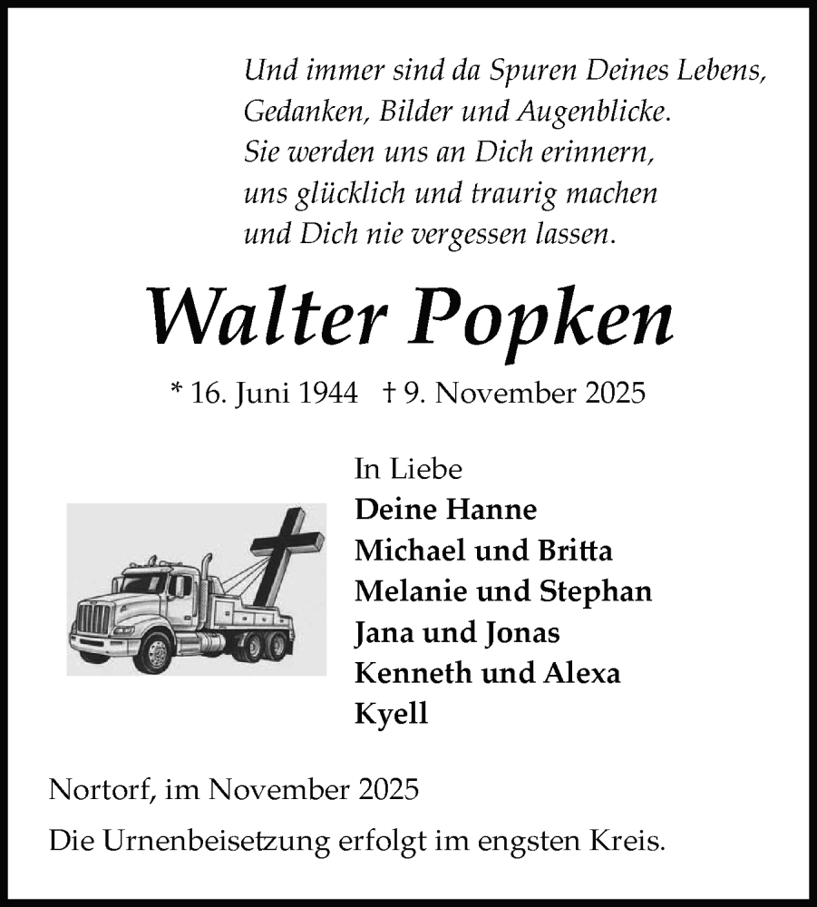  Traueranzeige für Walter Popken vom 22.11.2025 aus Schleswig-Holsteinische Landeszeitung