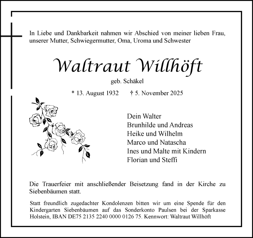  Traueranzeige für Waltraut Willhöft vom 15.11.2025 aus MARKT Bad Oldesloe/Reinfeld und Stormarner Tageblatt
