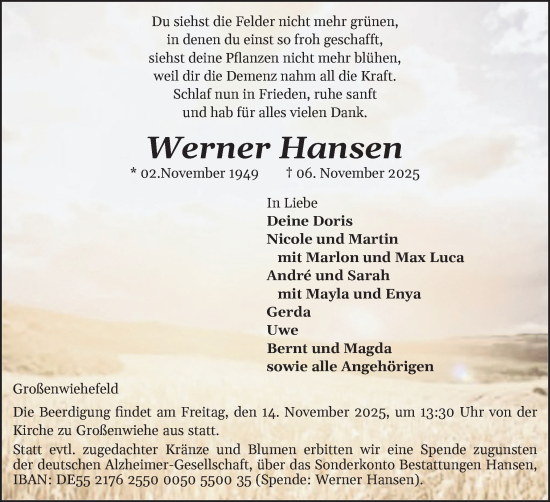 Traueranzeige von Werner Hansen von Flensburger Tageblatt