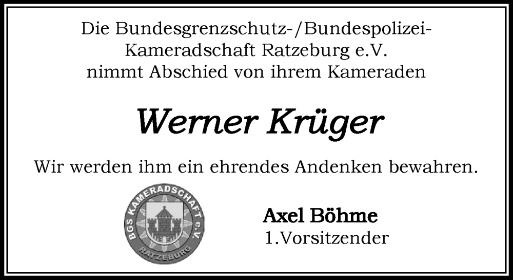  Traueranzeige für Werner Krüger vom 22.11.2025 aus MARKT Ratzeburg/Mölln