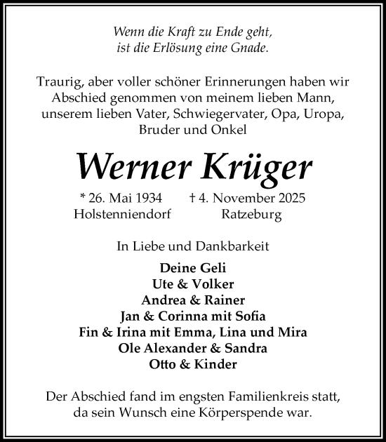 Traueranzeige von Werner Krüger von MARKT Ratzeburg/Mölln