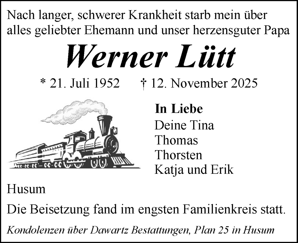  Traueranzeige für Werner Lütt vom 22.11.2025 aus Husumer Nachrichten, Nordfriesland Tageblatt