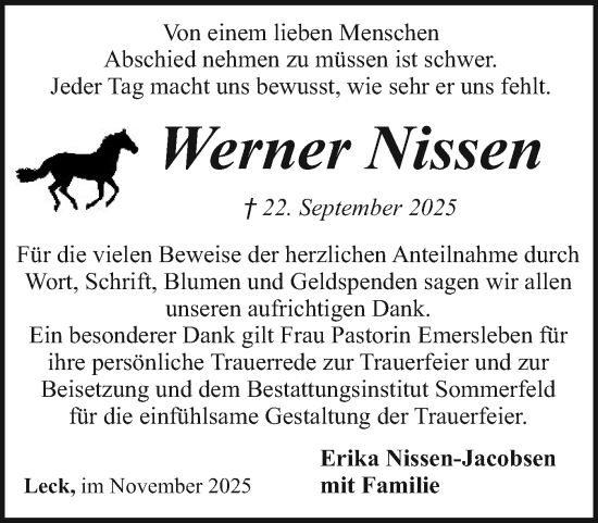 Traueranzeige von Werner Nissen von Husumer Nachrichten, Nordfriesland Tageblatt