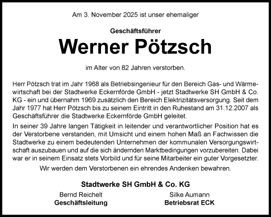Traueranzeige von Werner Pötzsch von Eckernförder Zeitung