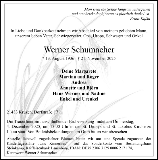 Traueranzeige von Werner Schumacher von Wochenend Anzeiger