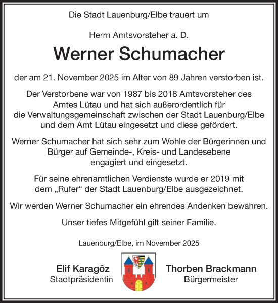 Traueranzeige von Werner Schumacher von Wochenend Anzeiger