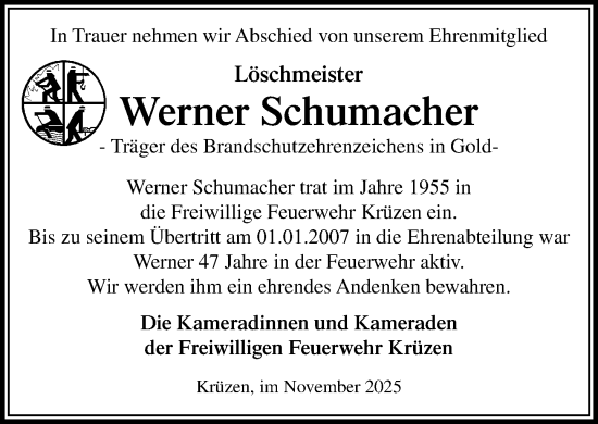 Traueranzeige von Werner Schumacher von Wochenend Anzeiger