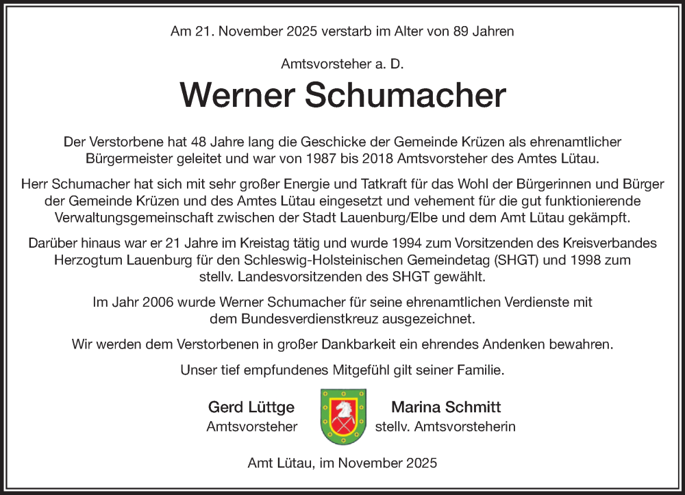  Traueranzeige für Werner Schumacher vom 29.11.2025 aus Wochenend Anzeiger