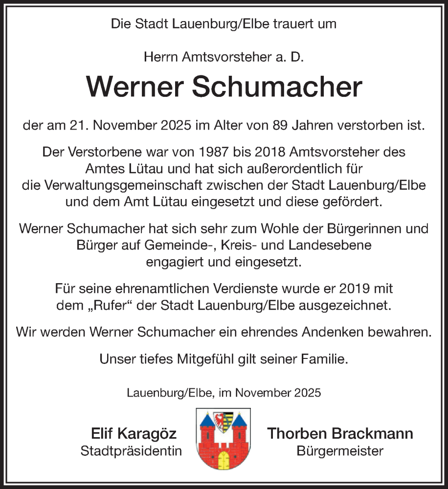  Traueranzeige für Werner Schumacher vom 29.11.2025 aus Wochenend Anzeiger