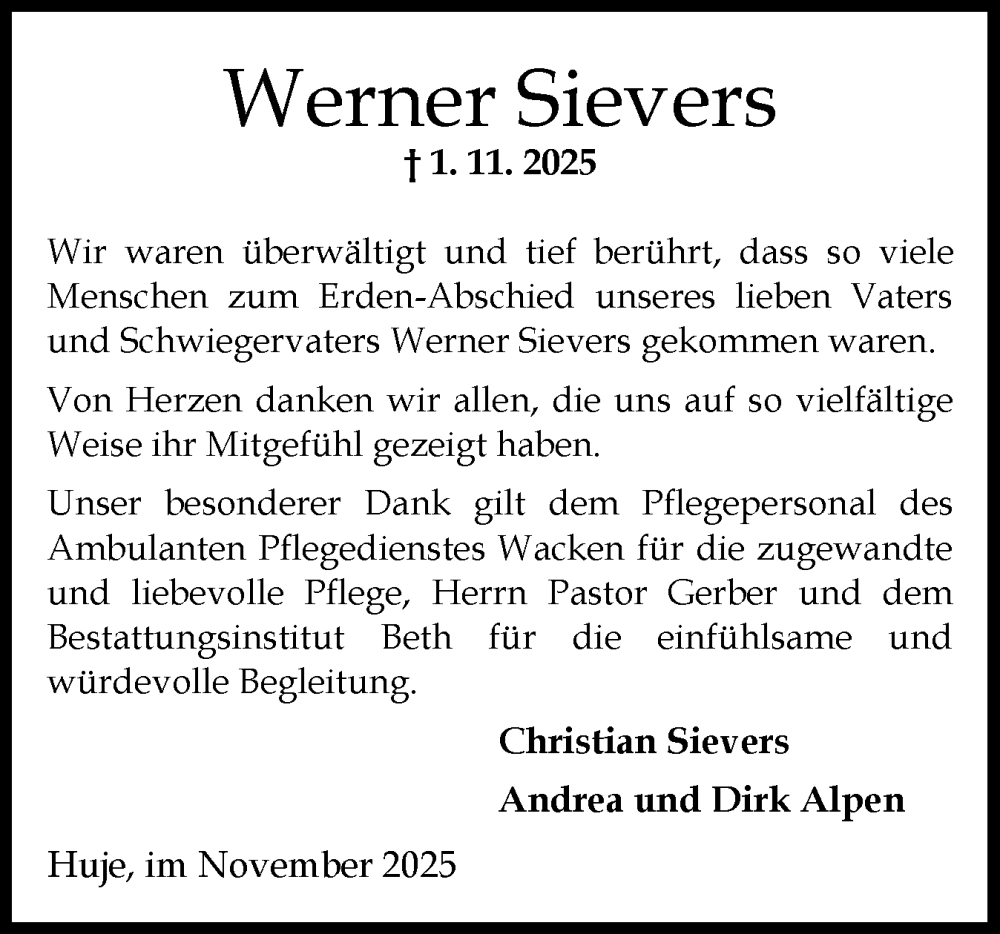  Traueranzeige für Werner Sievers vom 22.11.2025 aus Norddeutsche Rundschau, Wilstersche Zeitung, Glückstädter Fortuna