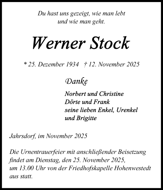 Traueranzeige von Werner Stock von Schleswig-Holsteinische Landeszeitung