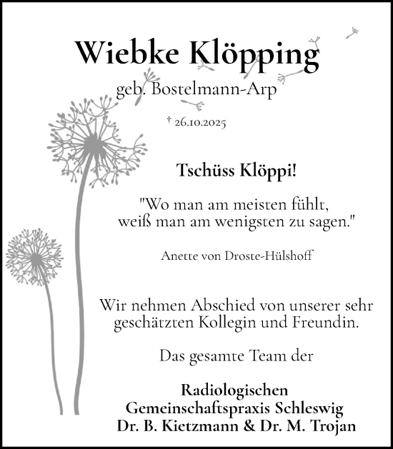 Traueranzeige von Wiebke Klöpping von Schleswiger Nachrichten, Schlei-Bote
