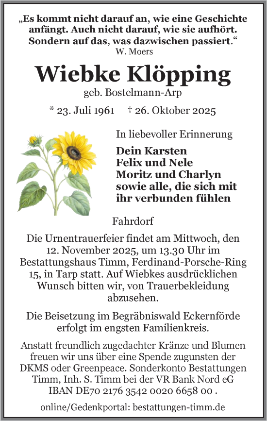 Traueranzeige von Wiebke Klöpping von Schleswiger Nachrichten, Schlei-Bote