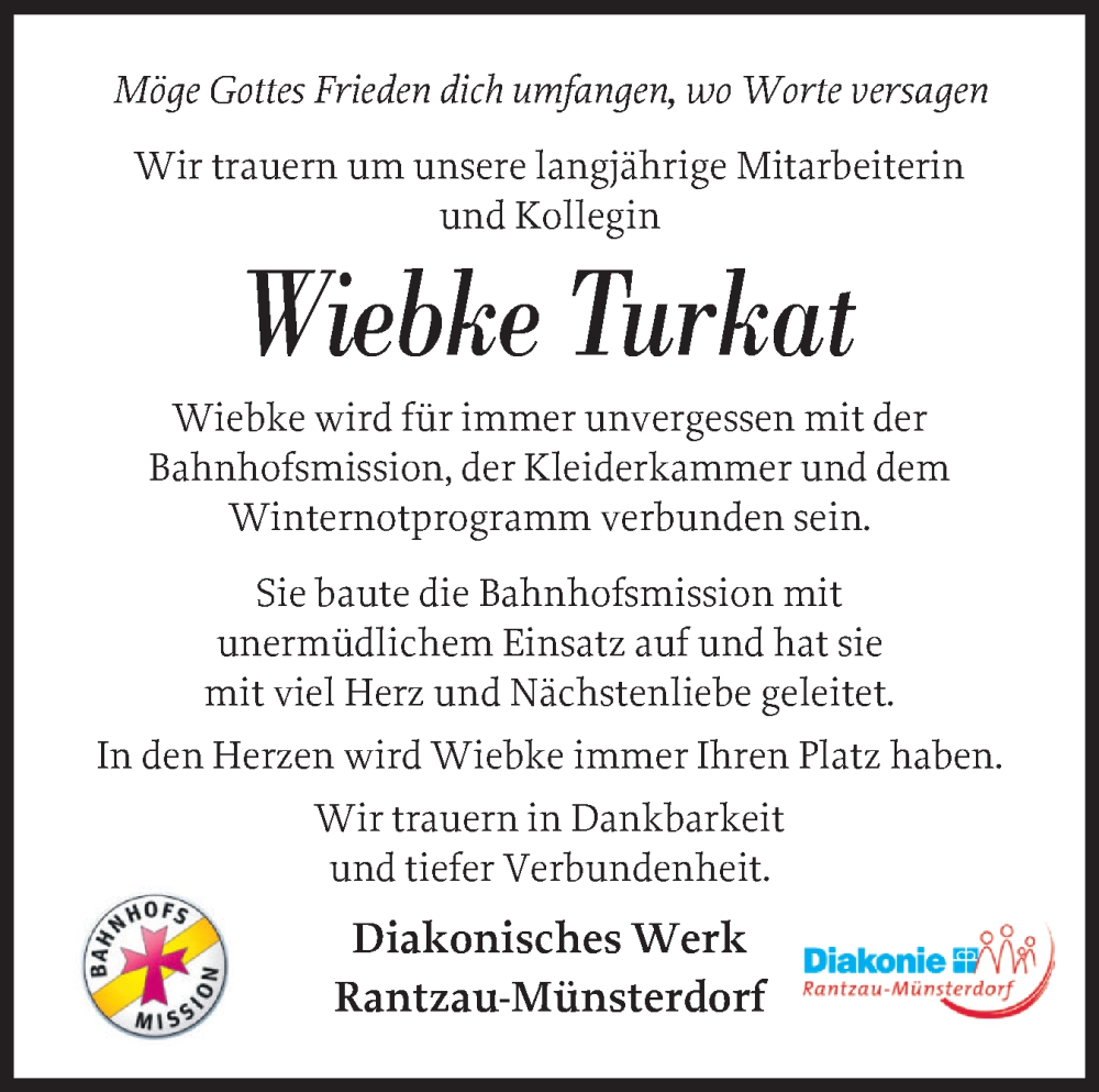  Traueranzeige für Wiebke Turkat vom 15.11.2025 aus Elmshorner Nachrichten, Barmstedter Zeitung