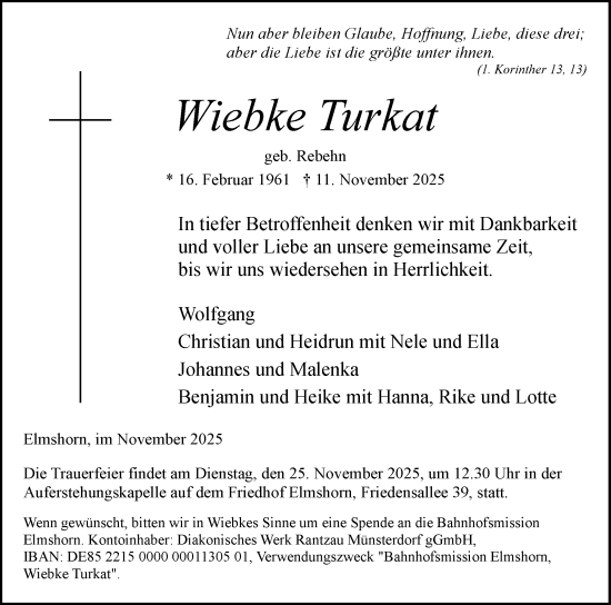 Traueranzeige von Wiebke Turkat von Elmshorner Nachrichten, Barmstedter Zeitung