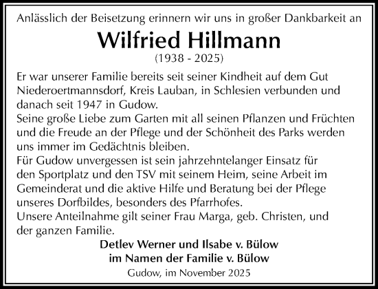 Traueranzeige von Wilfried Hillmann von MARKT Ratzeburg/Mölln