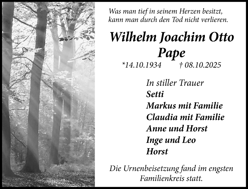  Traueranzeige für Wilhelm Joachim Otto Pape vom 22.11.2025 aus MARKT Ratzeburg/Mölln