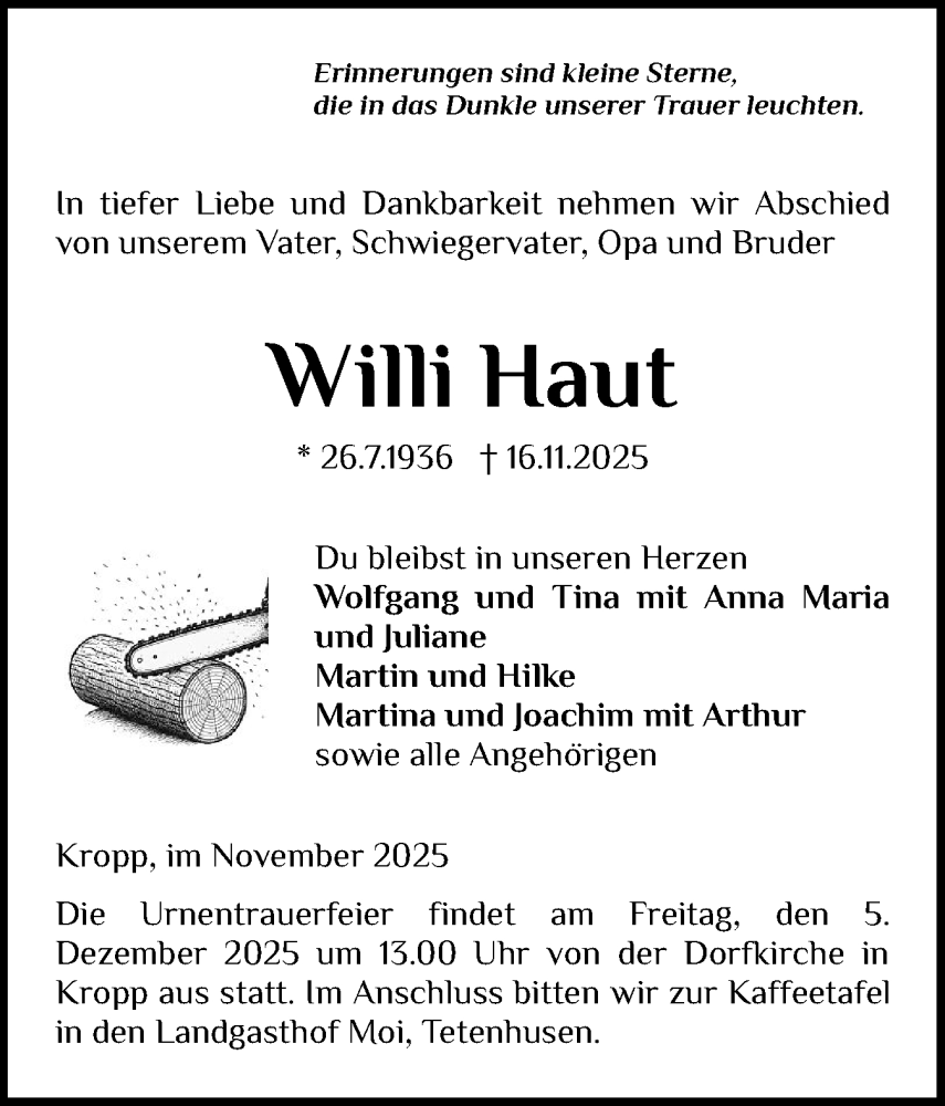  Traueranzeige für Willi Haut vom 22.11.2025 aus Schleswig-Holsteinische Landeszeitung