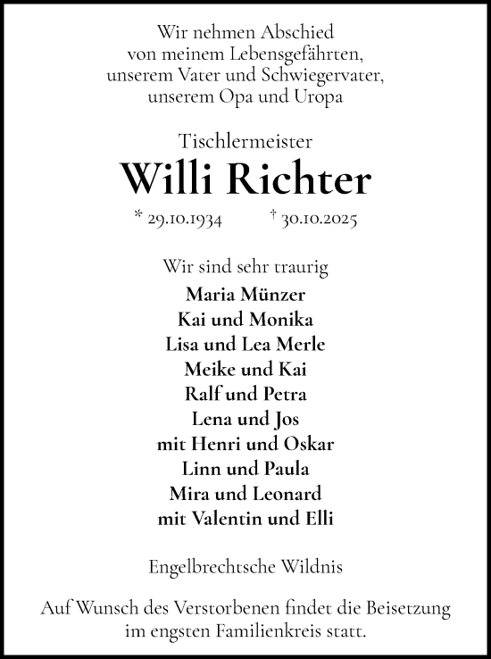 Traueranzeige von Willi Richter von Region Steinburg-Elmshorn