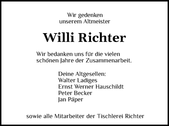 Traueranzeige von Willi Richter von Norddeutsche Rundschau, Wilstersche Zeitung, Glückstädter Fortuna