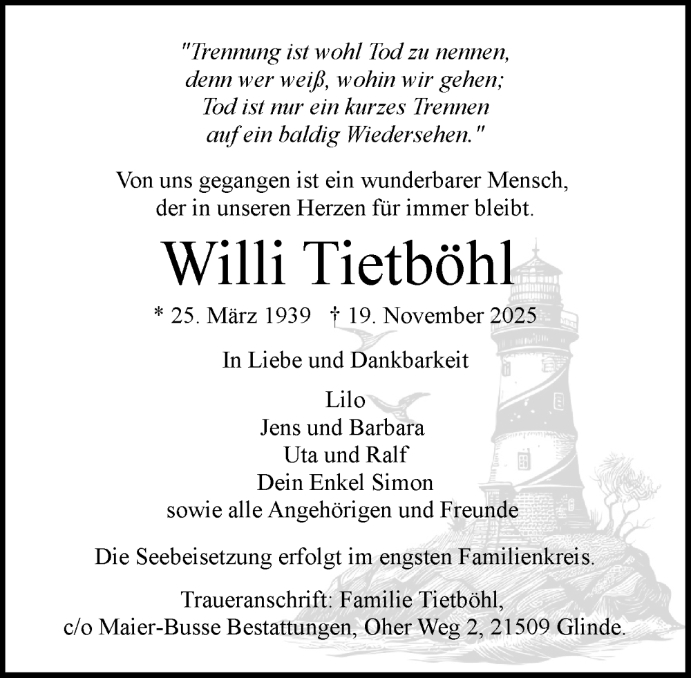  Traueranzeige für Willi Tietböhl vom 29.11.2025 aus MARKT Glinde/Reinfeld