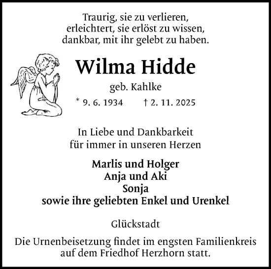 Traueranzeige von Wilma Hidde von Norddeutsche Rundschau, Wilstersche Zeitung, Glückstädter Fortuna