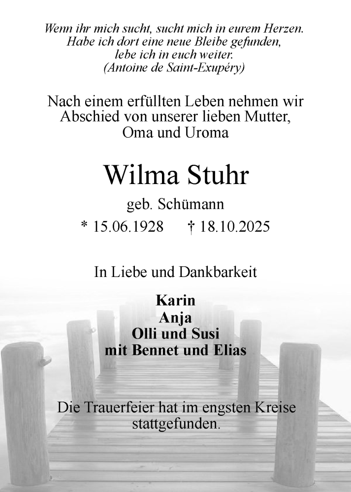  Traueranzeige für Wilma Stuhr vom 08.11.2025 aus Elmshorner Nachrichten, Barmstedter Zeitung