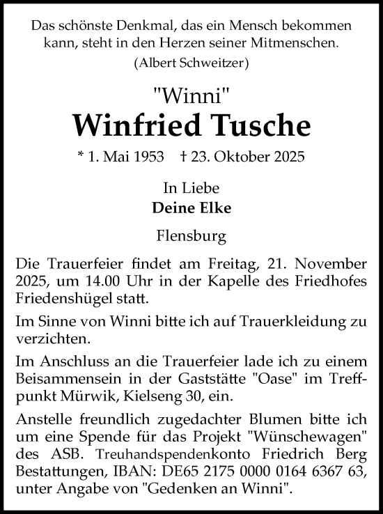 Traueranzeige von Winfried Tusche von Flensburger Tageblatt