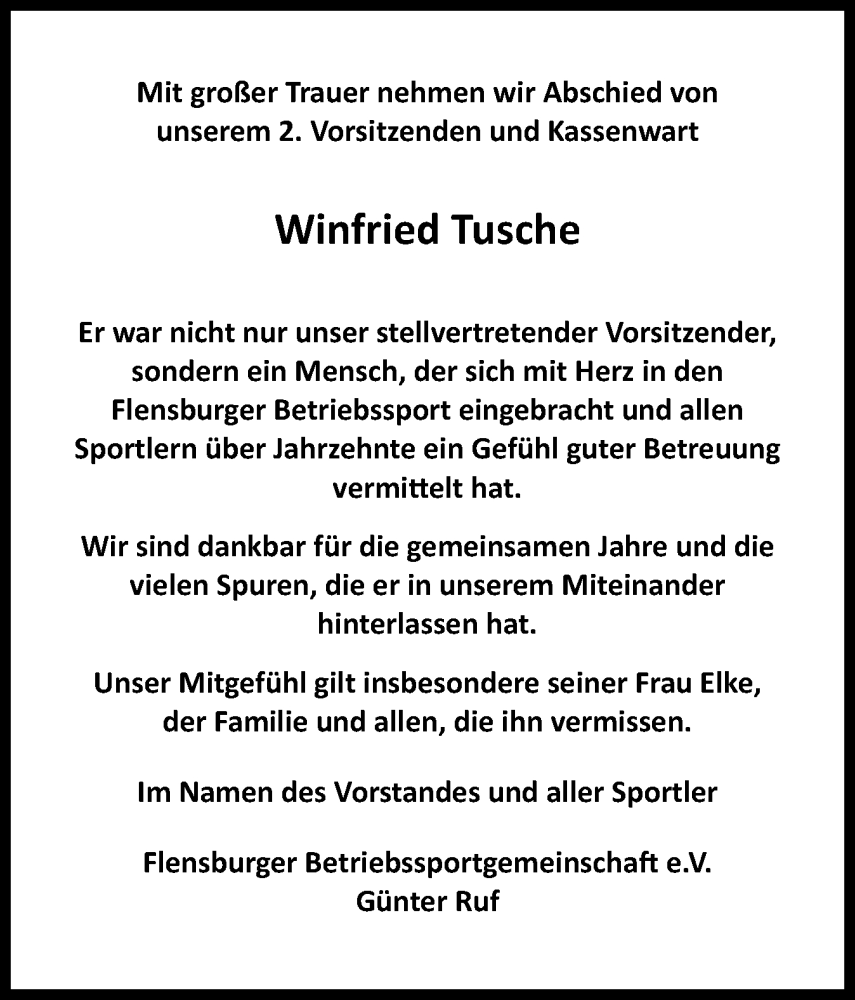  Traueranzeige für Winfried Tusche vom 08.11.2025 aus Flensburger Tageblatt