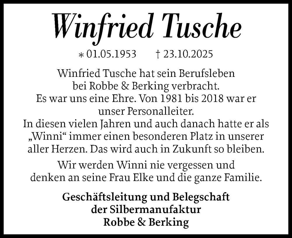  Traueranzeige für Winfried Tusche vom 08.11.2025 aus Flensburger Tageblatt