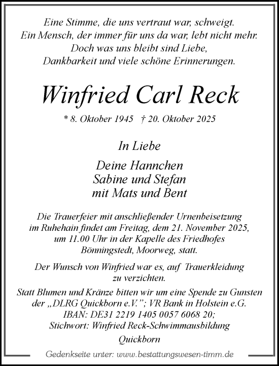 Traueranzeige von Winfried Carl Reck von Umschau