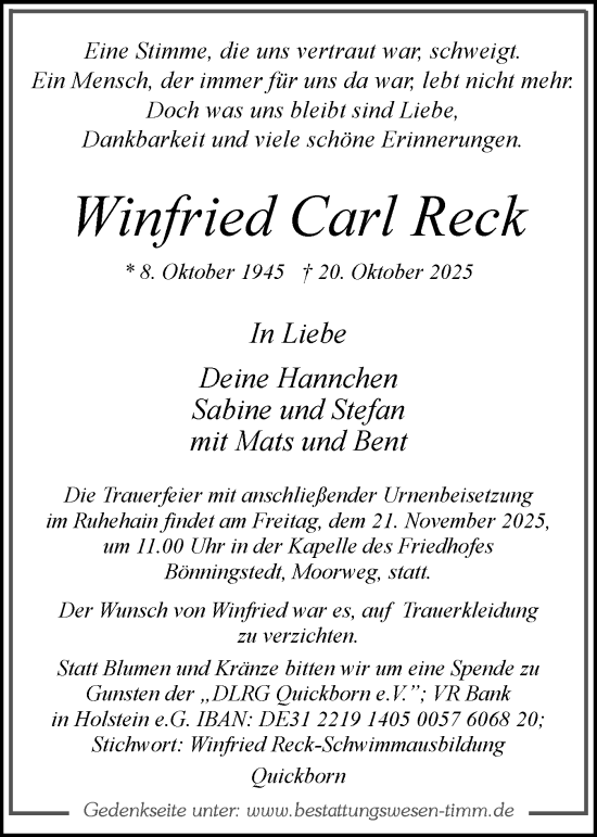 Traueranzeige von Winfried Carl Reck von Region Pinneberg und tip Pinneberg