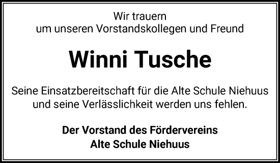 Traueranzeige von Winni Tusche von Flensburger Tageblatt