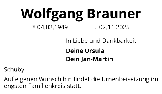 Traueranzeige von Wolfgang Brauner von Schleswiger Nachrichten, Schlei-Bote