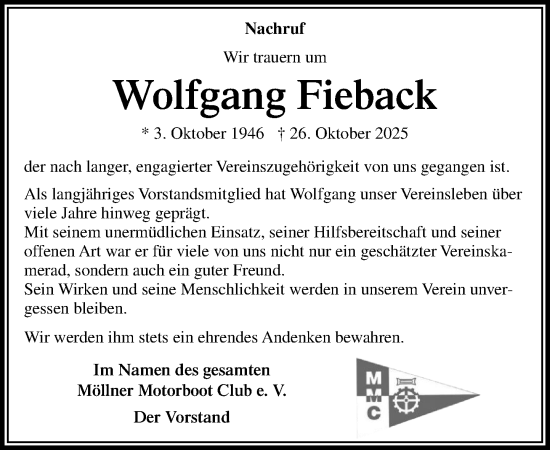 Traueranzeige von Wolfgang Fieback von MARKT Ratzeburg/Mölln
