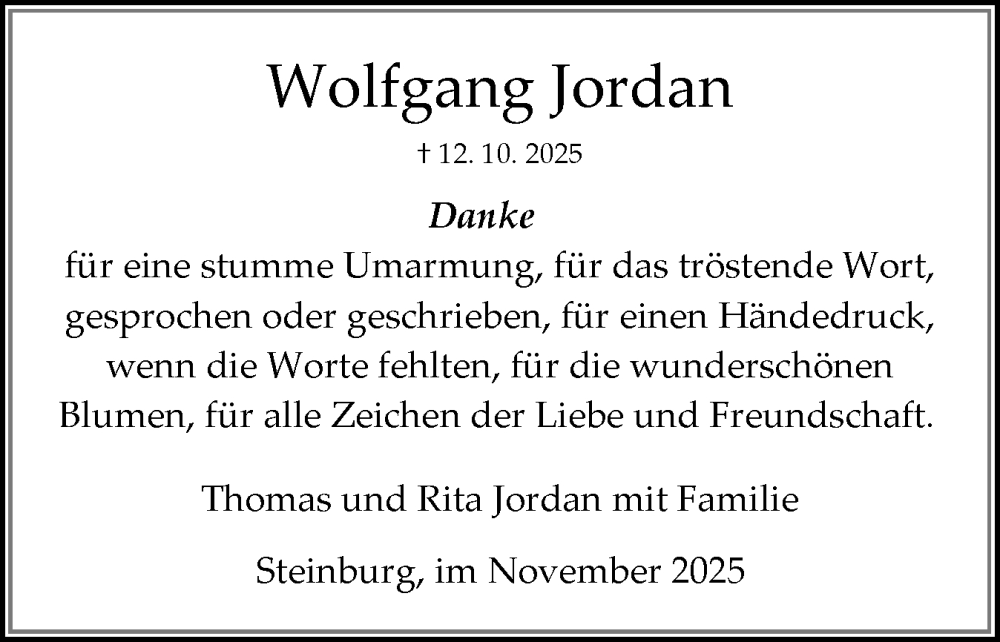  Traueranzeige für Wolfgang Jordan vom 08.11.2025 aus Norddeutsche Rundschau, Wilstersche Zeitung, Glückstädter Fortuna