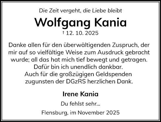 Traueranzeige von Wolfgang Kania von Flensburger Tageblatt