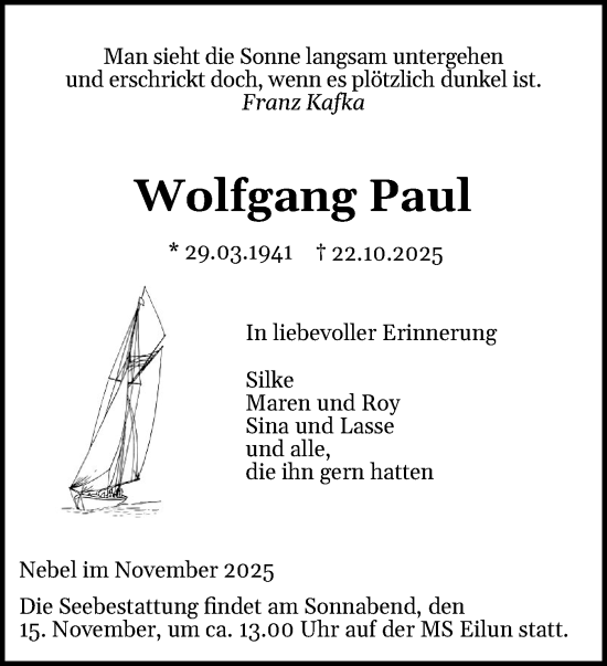Traueranzeige von Wolfgang Paul von Der Insel-Bote